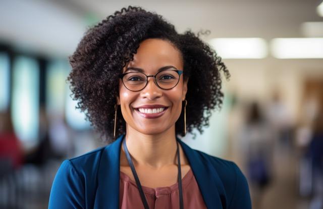 A confident woman with curly hair and glasses smiles warmly while standing in a professional setting. She is wearing a blue blazer and a name tag, exuding approachability and professionalism.